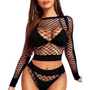🆕 Women Black Sexy Mesh Lingerie Fishnet Babydoll Long Sleeve Bodysuit Shirts
